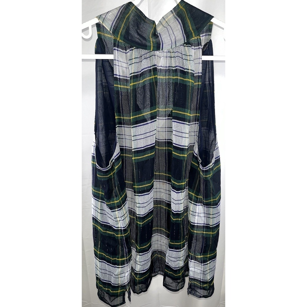 J.Crew Stewart Plaid High Neck Sleeveless Blouse Tie Back Preppy Blue Green 10